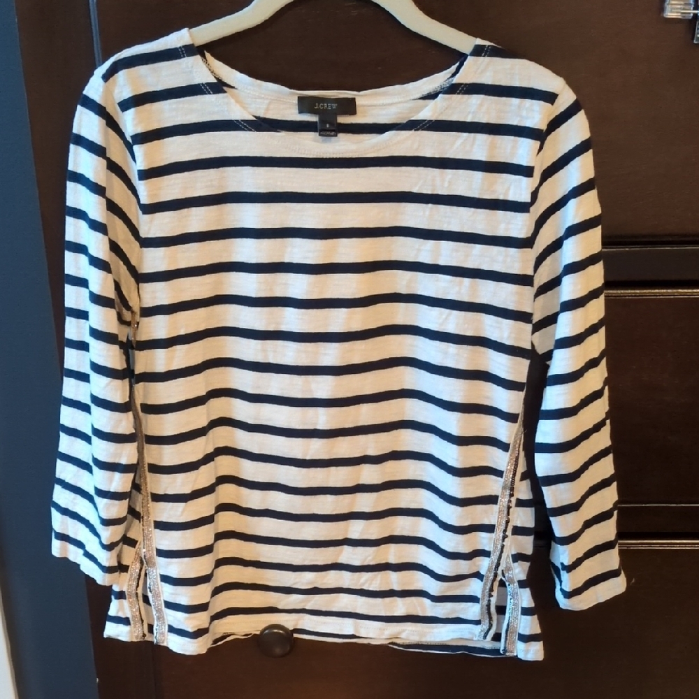 J. Crew Navy/White Striped 3/4 Sleeve Top With Beaded Side Seams Size Small